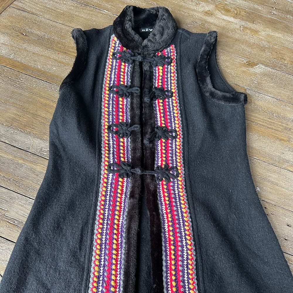 Clothes By Revue Wool Vest Sz L Knotted Toggles Crochet Faux Fur Trim Boho Long